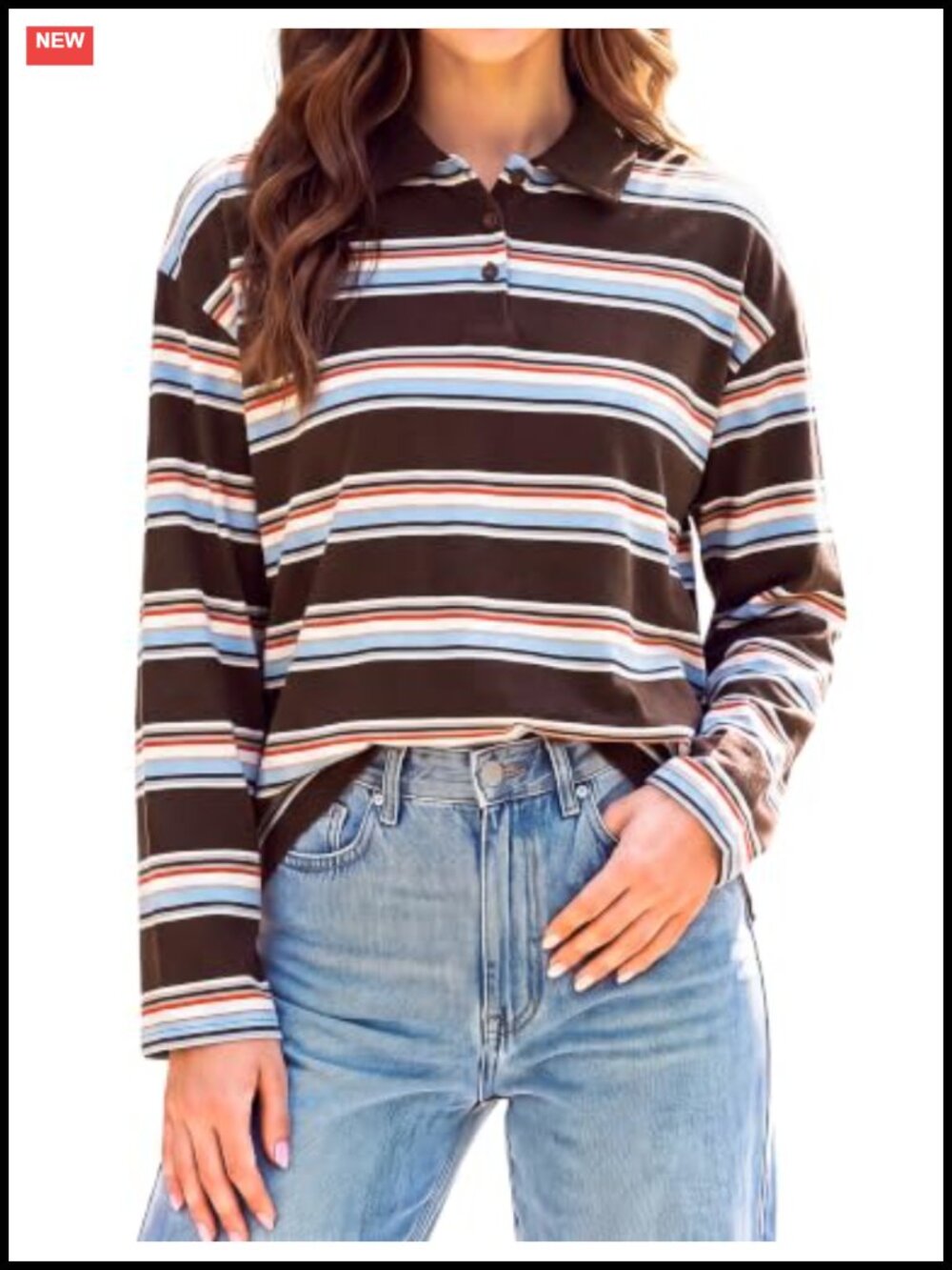 Women's Rugby Striped Long Sleeve Polo Shirt Y2K Cotton Blend Oversized